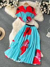 Work Dresses Women Elegant Pleated Two Piece Sets Summer Short Sleeve Floral Shirt Top Slim A-line Elastic Waist Long Skirt Printed Suits