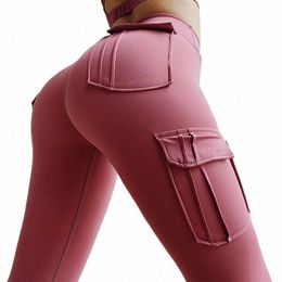 women Fitn Leggings Fi Multi-pocket Design Elastic Push Up Yoga Leggings High Waist Solid Colour Slim Sport Gym Pants 745q#