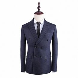 2021 Spring new Men's stripe Blazer Men fi European style Jacket Slim Men's double-breasted Blazers British Style Jackets C0w5#