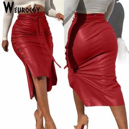 fi Women Solid Colour High Waist PU Leather Midi Skirt Lace-up Side Butt Slim Skinny Pencil Skirt for Ladies Streetwear P9l5#