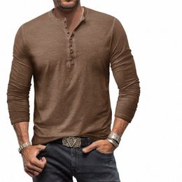 men T-shirt Tie Dyed Henley Shirt Shirt Vintage Solid Color Lg Sleeve Butt Wed Worn V-neck T-shirt Men Shirt l9Cz#