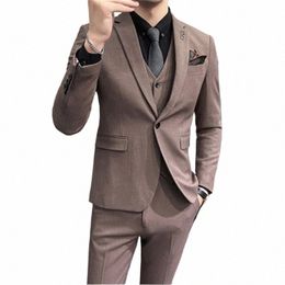 full Suit for Groom 3-Piece Suits Men Slim Fit Wedding Dr Suits Groomsmen Luxury Brown Blazer Set Prom Classic Clothing 7XL k0Fe#