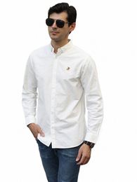 pure Cott Leisure Embroidered Horse Oxford Shirt For Mens Lg Sleeve Striped Casual Shirts Male Regular-Fit Work Man Shirts H5jK#