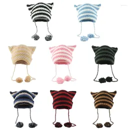 Ball Caps Y1UB High Elastic Windproof Ear Hat Knitted Stripe Pattern For Women Men Keep Warm With Pom Decor