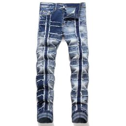 Jeans da uomo Jeans patchwork blu stile punk jeans moda neutro slim fit rilassato pantaloni a matita da bicicletta hip-hop J240328