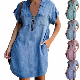 womens Summer New Fi Short Sleeve Turn Down Collar Zipper Dr Digital Print Imitati Denim Dr Above Knee Mini Skirts 801k#