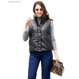 0C407M18 Autumn and Winter Women's Leather Faux Vest Sleeveless Cotton Jacket Fashionable Standing Collar Zipper Coat Solid Color Minimalist