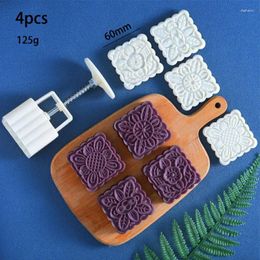 Baking Tools 4pc 3D Flower Shape Plastic Mooncake Mold 125g Square Cake Plungers Set DIY Hand Pressure Fondant Mould Chinese Tool