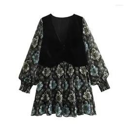 Casual Dresses Long Sleeve Pleated Dress Female Short Mini Women's Print Vest For Women Autumn 2024