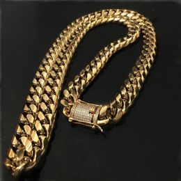 14mm Men Cuban Miami Link Bracelet Chain Set Rhinestone CZ Clasp Stainless Steel Gold Hip Hop Necklace Chain Jewellery Set264v