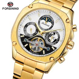 FORSING Men's Business Steel Band Fully Automatic Multi Functional Hollow Dial Mechanical Watch 6912