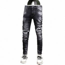 newly Designer Fi Men Jeans Retro Black Grey Stretch Slim Fit Vintage Ripped Jeans Men Patched Designer Hip Hop Denim Pants W1Vd#