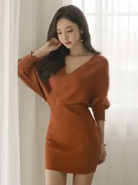 Casual Dresses Fashion Ladies Knitted Stretchy Short Women Sweater Batwing Sleeve Bodycon Mini Dress Vestidos Street Clothes