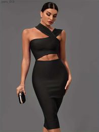 Basic Casual Dresses Black Bandage Dress Women Midi Party Bodycon Elegant Halter Neck Sexy Cut Out Birthday Evening Club Outfits Summer yq240328