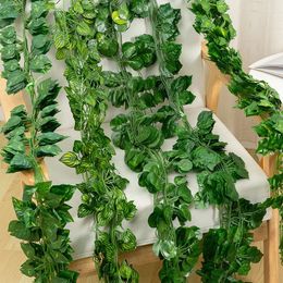 Decorative Flowers 12PCS 2M Ivy Green Fake Leaves Garland Plants Vine Home Garden Long Plastic Rattan String Wall Decor Hanging Artificial