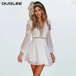 Casual Dresses Women's Cotton White Mini Dress Sexy V-neck Hollow Out Long Sleeves Boho Style Beach Sundress Summer