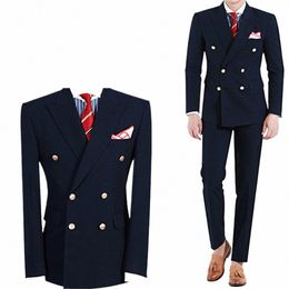 high Quality Suits for Men Navy Blue Fi Peak Lapel Double Breasted Male Suit Slim Fit Formal Casual Wedding Tuxedo 2 Piece c9NI#