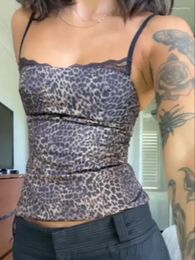 Women's Tanks Sling Leopard Print Women Top Lace Slim Short Female Sexy Tops 2024 Fashion Spring Summer Satin Sleeveless Lady Camisole