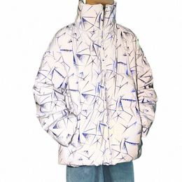 pop Winter Jacket Men Reflective Blue Red Printed Harajuku Parkas Coat Oversized High Street Hip Hop Warm Cott Coat Outwear k103#