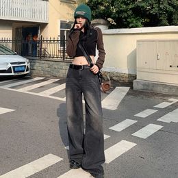 American style cool and spicy wide leg jeans female internet celebrity street photo Personalised loose drape floor dragging straight leg jeans