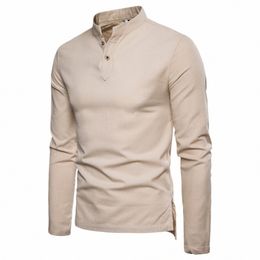 autumn Fi Men Lg Sleeve Slim Fit T-shirt Retro Solid Color Stand Collar Cott Linen Tshirt Male Simple T-shirt 02SO#