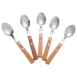 Spoons 5 Pcs Silverware 304 Stainless Steel Spoon Home Tableware Scoops With Wood Handles Dessert Kitchen