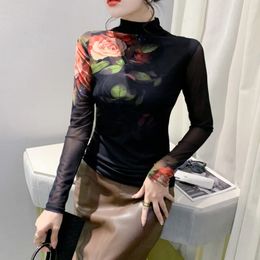 #8758 Flower Printed Mesh Turtleneck T Shirt Women Skinny Basic Tshirt Female Sexy Vintage Short Womens Tee Shirts Long Sleeve 240328