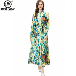 Casual Dresses Women's Runway Turn Down Collar Long Sleeves Printed Lace Single Breasted Fashion Designer European Vestidos