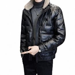 2023 Winter New Leather Down Jacket Men's Slim Standing Collar Thickened Warm Black Coat Winter Jacket Men Coat Men Winter J2Ef#