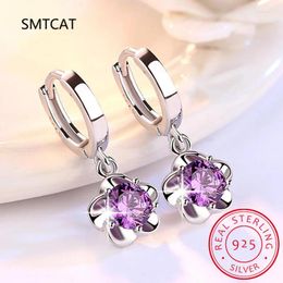 Hoop Earrings Real 925 Sterling Silver Fashion Purple Flower Ear Buckles Fine Zircon Earring For Women Anniversary Jewelry Gift CQE1435