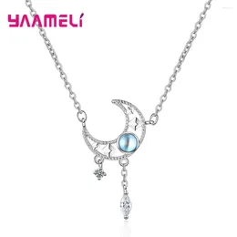 Chains Luxury 925 Sterling Silver Chain Moonstone Moon Pendant Cubic Zirconia Tassel Necklaces For Women Clavicle Choker Wedding Jewelr