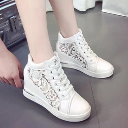 Casual Shoes Women Wedge Platform Sneakers Zapatos Para Mujeres Leather High Heels Lace Up Pointed Toe Height Increasing Creepers White