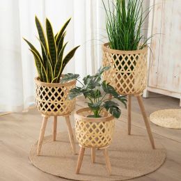 Planters Bamboo Plant Stool Handmade Plant Holders Indoor Stand With Basket Wooden Round Table Handmade Flower Pot Holder For Potted