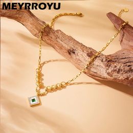 Pendant Necklaces MEYRROYU 316L Stainless Steel Emerald Zircon Inlay Square Neck Chain Jewelry For Women Girl Fashion Exquisite