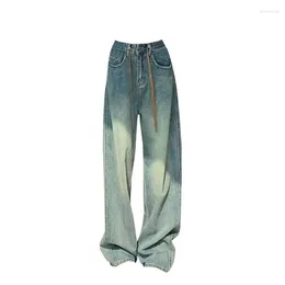 Women's Jeans Spring Autumn Fashion Drawstring Retro Tie Dyed Denim Korean Versatile Casual Straight Leg Pants Wide Mop