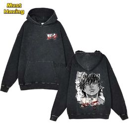 Men's Hoodies Sweatshirts Anime Baki Hanma Print Hoodies for Men Stylish Black Washed Cotton Pullovers Tops Casual Loose Long Sleeve Hooded Sweatshirts 24328