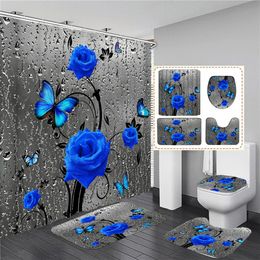 180180cm Blue Rose Flowers Fabric Shower Curtains Bath Mat Rugs Beautiful Butterfly Flower Bathroom Curtain Set Home Decoration 240328