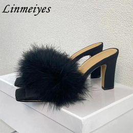 Slippers High Heels Women Square Peep Toe Feather Runway Shoes Female Black White Chunky Gladiator Sandals Woman