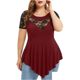 Women'S Plus Size T-Shirt Womens Elegant Black Lace Work Y Tops Women Short Sleeve Slim T Shirt Summer Irregar Fashion Clothing 2022 Dhxco