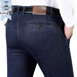 Outono e inverno clássico masculino cintura alta busin jeans azul escuro em linha reta elasticidade denim calças masculinas marca calças grossas v6vb #