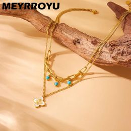 Pendant Necklaces MEYRROYU 316L Stainless Steel Fashion Luxurious Double Layered Necklace Enamel Style Flower Link Neck Chain Jewelry