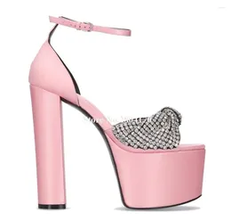 Dress Shoes Bling Rhinestones Bowtie Chunky Heel Sandals Peep Toe Crystals Pink Purple High Platform Heels Wedding