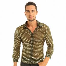 mens Tuxedo Shirts Shiny Sequins See Through Mesh Lg Sleeve Clubwear for Night Party Show Dancing Performance Top Shirt H5Cj#