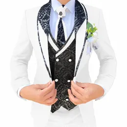 handsome Men's Suit 3-piece Elegant Groom Wedding Tuxedo Jacket Pants Vest Customized Formal Blazer for Male l1GF#