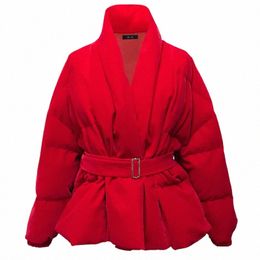 Mulheres jaqueta de inverno com decote em v com cinto quente grosso cott acolchoado parkas veet jaqueta vermelho lg manga curta casual para baixo jaqueta cott h4eW #