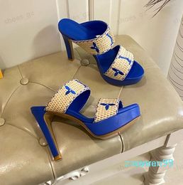 Straw embroider Fashion Platform Mules Slippers heels chunky women's luxury designers Evening Party shoes