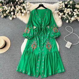 Casual Dresses Korean Sweet Vintage V-neck Embroidery Summer Slim Waist Split Dress For Women E-Girl Lantern Sleeve Vestidos Mujer