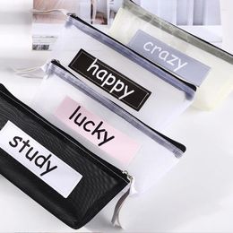 Storage Bags Simple English Letters Clear Nylon Mesh Pencil Bag Portable Large Capacity Zipper Case Pen Stationery Organizer