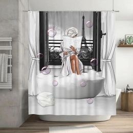 Shower Curtains Fashion Girls Black And White Paris Tower Casual Bathing Woman Modern Polyester Fabric Bathroom Decor With Hooks