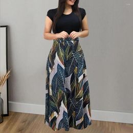 Casual Dresses Summer Maxi Dress Flower Print Contrast Colour Patchwork Short Sleeves O Neck A-line High Waist Breathable Dating Commute